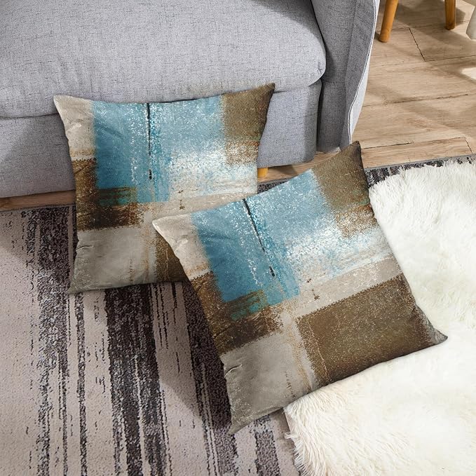 Throw Pillow Covers Set of 2, 16 x 16 Inch, Blue Beige Brown | Abstract Modern Art Outdoor Decorative Square Pillow Cases Couch Cushion Case for Couch Bed Sofa Living Room Home Decor