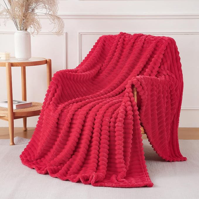 Cherry Red Throw Blanket for Couch Sofa 60x80 inches Striped Design | Fleece Blankets Room Home Decor Lightweight Plush Soft Cozy Gifts for Women Mom