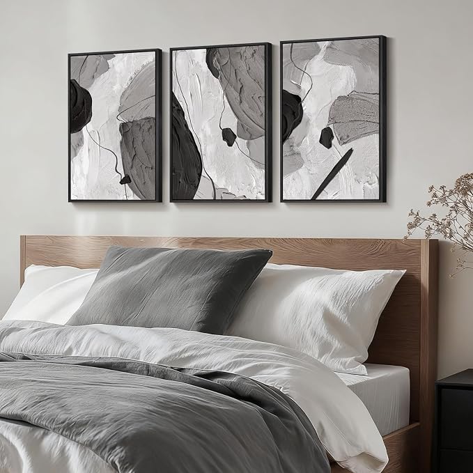 Framed Black and White Modern Abstract Wall Art, 3 Piece Canvas Prints Paintings Artwork for Walls, Minimalist Black White Grey Pictures for Living Room Dining Room Bedroom Office Wall Decor 16x24 In