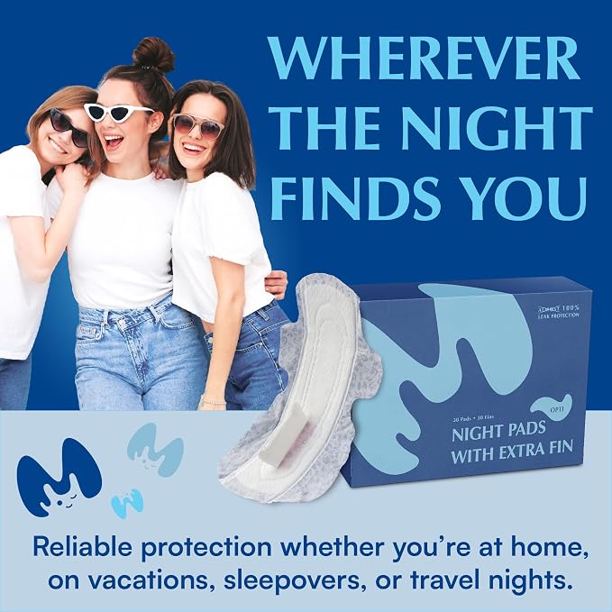 Overnight Pads with Wings – Size 4 (Opti Pad) – Ultimate Leak-Free Protection with Absorbent FIN Technology – 30 Sanitary Napkins with pH-Balanced Wipes – Sanitary Pads for Women & Teens