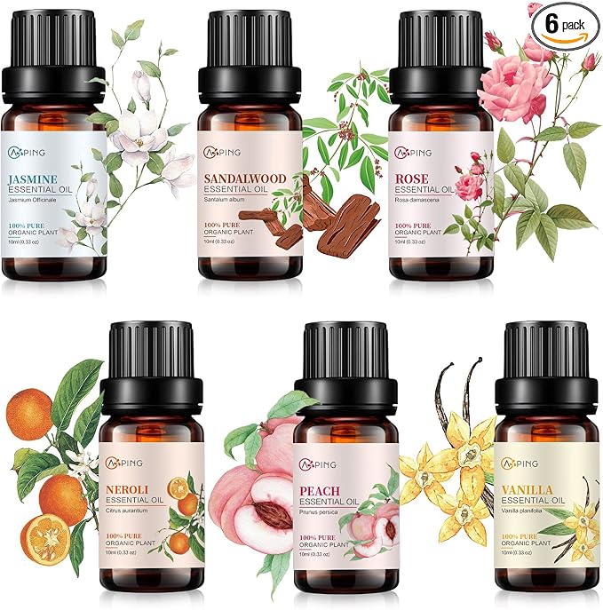 Essential Oil Set 6x10ML - 100% Pure Organic Plant Oil for Diffuser Massage Aroma Spa Yoga Perfume - Rose, Jasmine, Sandalwood, Vanilla, Neroli, Peach