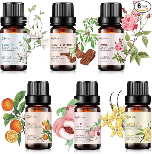Essential Oil Set 6x10ML - 100% Pure Organic Plant Oil for Diffuser Massage Aroma Spa Yoga Perfume - Rose, Jasmine, Sandalwood, Vanilla, Neroli, Peach