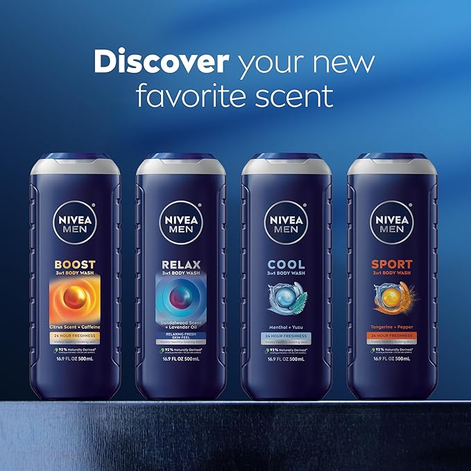 NIVEA Men Sport Body Wash with Revitalizing Minerals, Tangerine and Pepper Scent, 3-in-1 Men's Body Wash, Face and Hair, Paraben Free, Vegan Formula, 16.9 Fl Oz Bottle