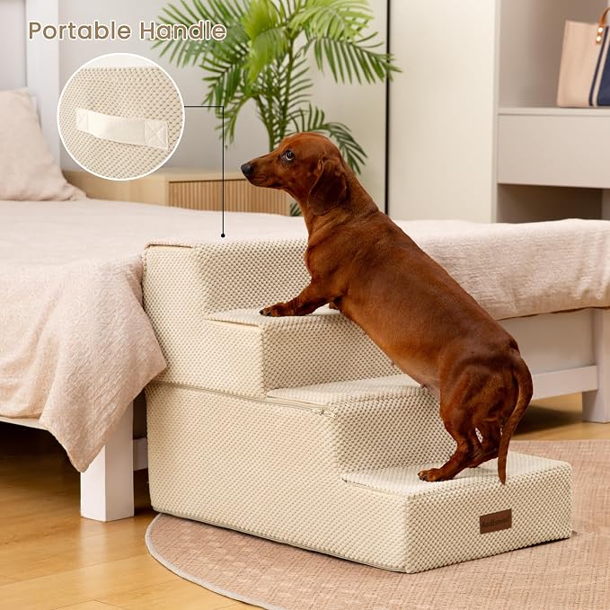 Aodisman Dog Steps for Bed & Couch,18.5" H 4-Step Pet Stairs for Small Dogs | High-Support Anti-Slip Dog Ramp, Easy-to-Climb Steps for Doggies, Older Cats,Short-Legged Dogs to Get on and off Beds,Beige