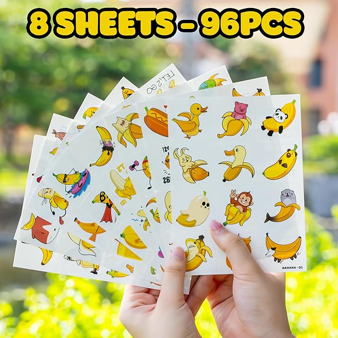 96PCS Banana Pre-Cut Temporary Tattoos for Kids | Super Cute Themed Birthday Party Favors, Supplies, Decorations, Cute Funny Fruit Fake Tattoo Stickers, School Rewards Prizes & Gifts for Boys & Girls