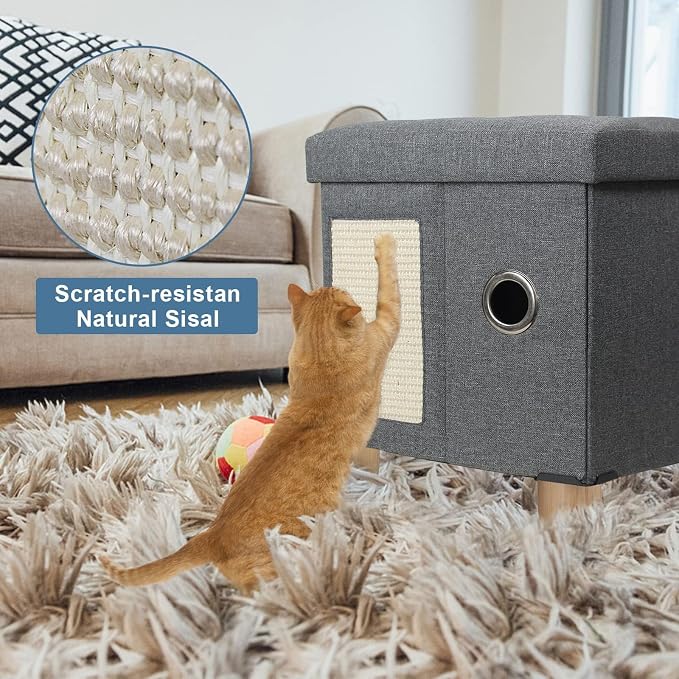 BRIAN & DANY Large Cat Beds for Indoor Cats, Cat Cave House for Kitten with Scratch Board & Ball, 17.7 x 14.8 x 15 inches, Gray (Large)