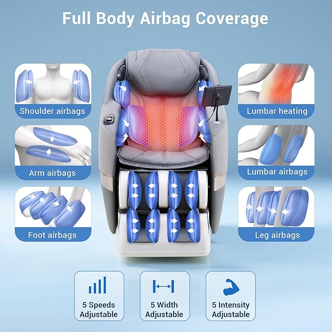 MYNTA Massage Chair Full Body, 170° Flexible SL Track Shiatsu 3D Massage Chairs with Zero Gravity, Bluetooth Speaker, Airbags & Heating, MC1650(Grey)