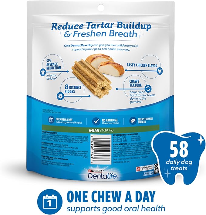 Dentalife Purina Daily Oral Care Dental Dog Treats for Small Dogs, 58 ct | For small dogs 5-20 lbs, chicken-flavored dental chews that freshen breath and fight tartar buildup, made in the USA