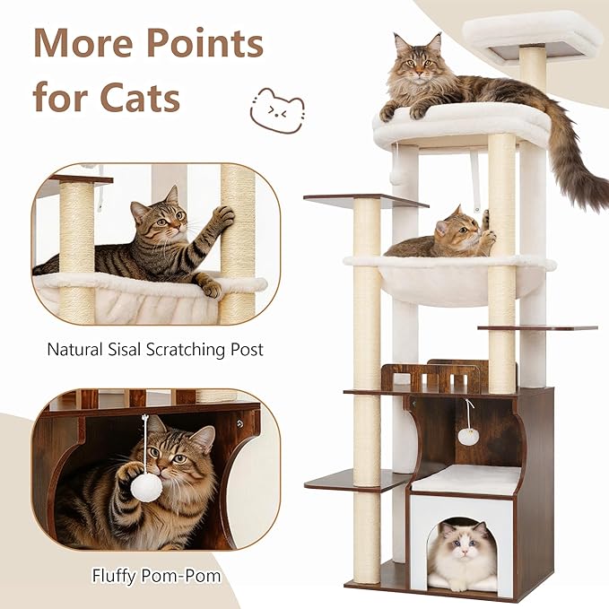 Modern Cat Tree Tower, 2-Layer Condo & Perch, Big Hammock 102SR | 70.9''Wood Cat Tower House Large Platform with Safe Guardrail for Indoor Cats Adult, All Sisal Scratching Post, Rustic Brown