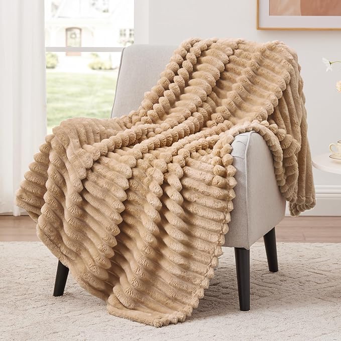 EXQ Home Fleece Throw Blanket for Couch or Bed - 3D Stripe Jacquard Decorative Blankets - Cozy Soft Lightweight Fuzzy Flannel Blanket Suitable for All Seasons(50"×60",Camel)