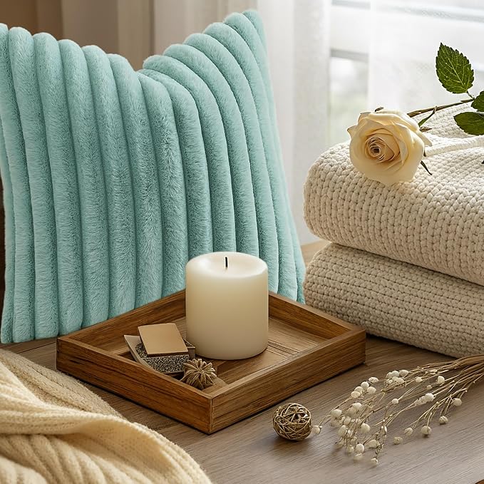 decorUhome Fall Faux Fur Throw Pillow Covers 18x18 Set of 2 Aqua | Decorative Soft Cozy Striped Plush Modern Farmhouse Boho Couch Pillow Cases Velvet Back for Sofa Bed Living Room Home Decor