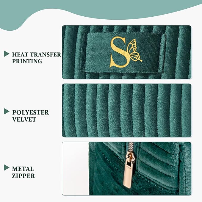 COSHAYSOO Personalized Birthday Retirement Gifts for Women Unique Travel Makeup Bag Quilted Make Up Cosmetic Pouch Woman Friend Gift Green Velvet Beauty Accessories Organizer Initial Letter S