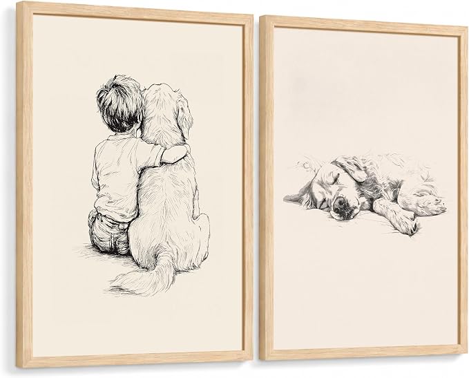 Boy and Dog Wall Art Set of 2 Framed, Minimalist Sketch Print | Best Friends Artwork for Kids Room Nursery Bedroom Home Decor 12x16 Inches