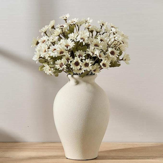 SIDUCAL Ceramic Vintage Flower Vase | 9 Inch Large Pottery Rustic Farmhouse Boho Vase for Home Decor, Table, Living Room, Bathroom, Coffee Desk, Shelf, Mantel Decoration, Wedding, White