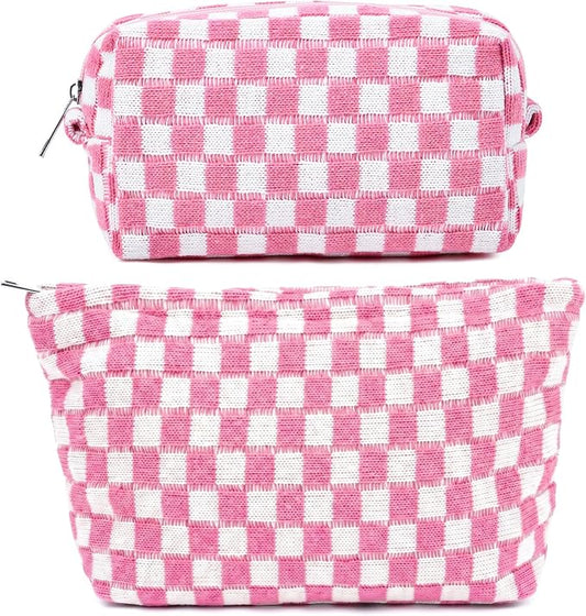 SOIDRAM 2 Pieces Makeup Bag Large Checkered Cosmetic Bag Capacity Canvas Mix Travel Toiletry Bag Organizer Cute Makeup Brushes Aesthetic Accessories Storage Bag for Women, Pink checkered