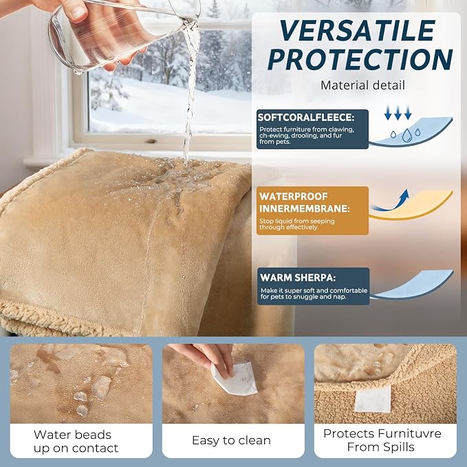 Waterproof Dog Blanket 60 x 80 in for Large Dogs, XL Washable Pet Blanket | Aodisman Thick Fleece Dog Throw Blanket, Leakproof Washable Furniture Protector for Sofa, Couch, Bed, Crate & Kennel, Khaki