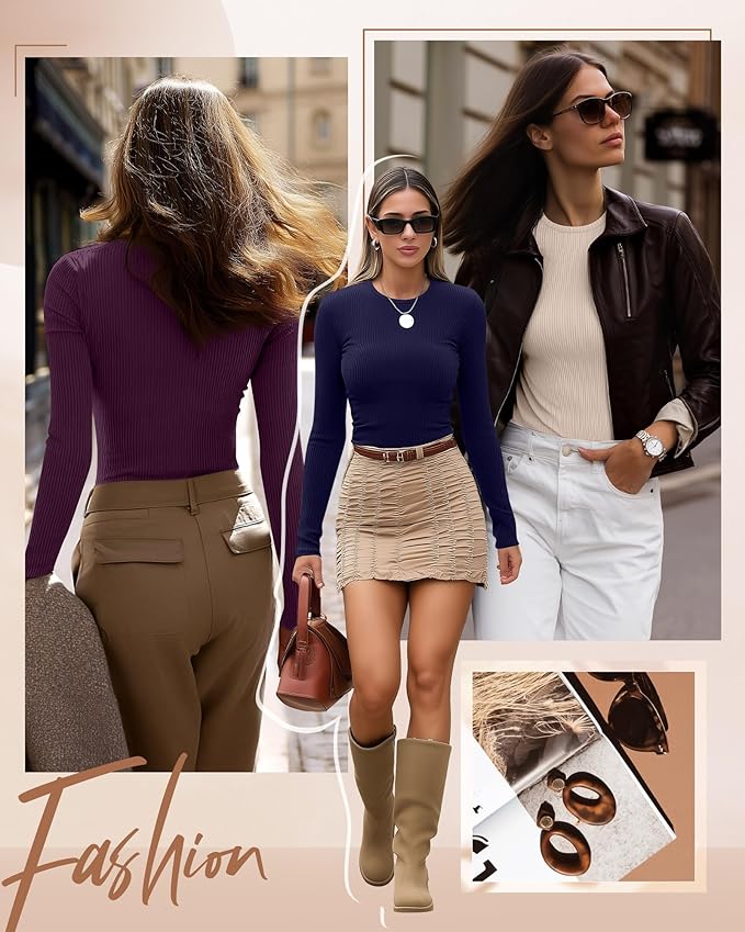 Ficerd 3 Pack Women's Ribbed Long Sleeve Tops, Crew Neck Slim Fit Undershirts Knit Basic Casual Stretch Layering Tee Shirts