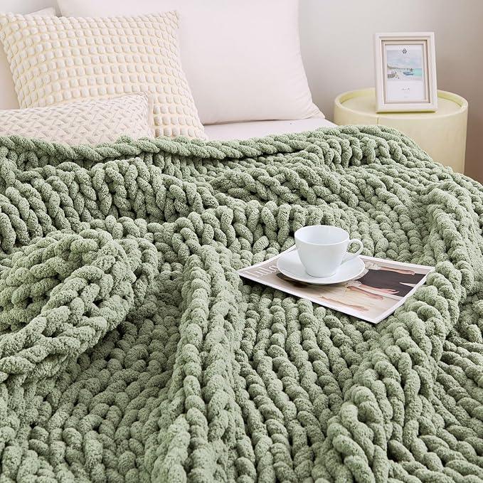 Chunky Knit Blanket Throw for Couch, 60"x80" Chunky Yarn Knitted Blankets | 100% Hand Knit Thick Chenille, Soft Breathable for Bed, Sofa, Home Decor, Cozy Gifts for Women Friends, Sage Green