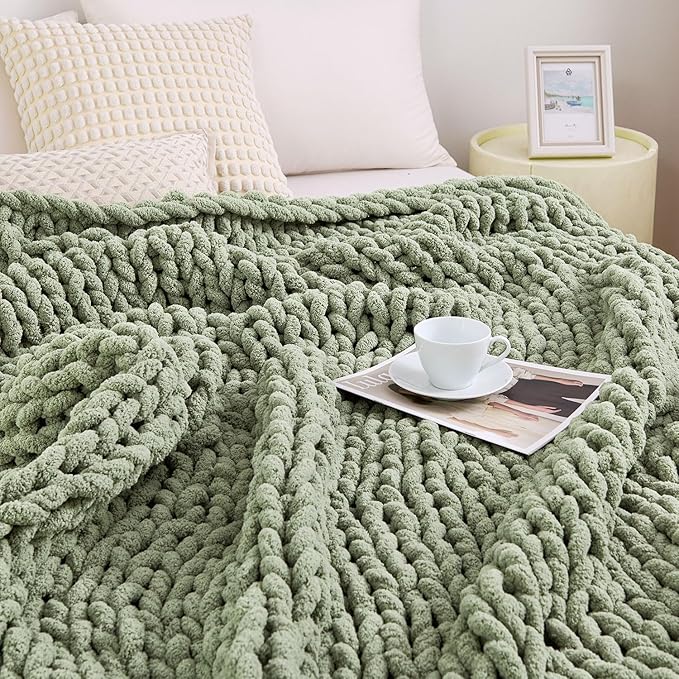 Chunky Knit Blanket Throw for Couch, 51"x63" Chunky Yarn Knitted Blankets | 100% Hand Knit Thick Chenille, Soft Breathable for Bed, Sofa, Home Decor, Cozy Gifts for Women Friends, Sage Green