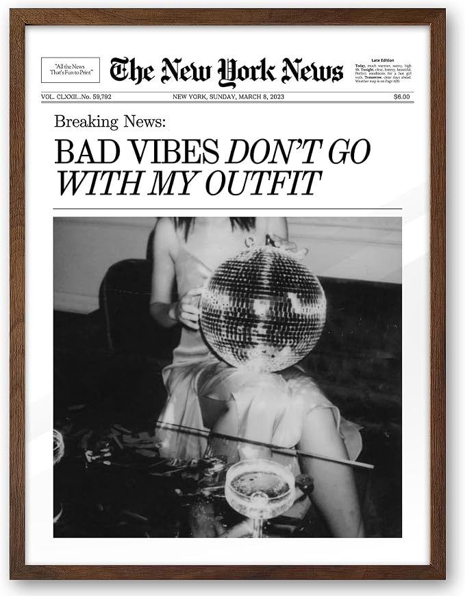 EcoHest 12x16 in Bad Vibes Don't Go With My Outfit Framed Wall Art | Walnut Color Solid Oak Frame, Canvas Wall Art, Disco Fashion Newspaper Wall Decor for Bedroom, Apartment, Dorm, College,1Pack