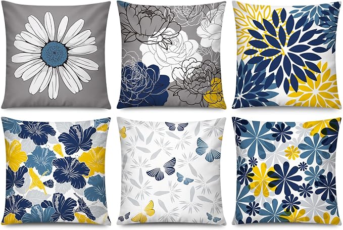 Navy Yellow Linen Throw Pillow Covers 18x18 Set of 6, Daisy Floral Decor | decorative daisy dahlia, Botanical floral, Standard Throw Pillow Size, Breathable Linen, Spring Couch Sofa Living Room
