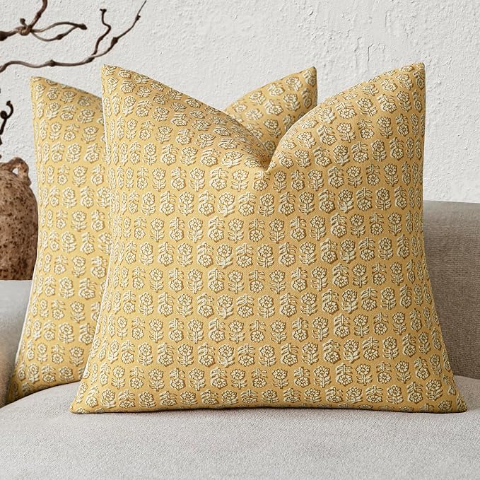 Foindtower Set of 2 Decorative Vintage Floral Print Throw Pillow Covers Neutral Modern Farmhouse Cushion Covers Boho Home Decor For Sofa Chair Couch Bedroom Living Room Outdoor,18×18 Inch,Light Yellow
