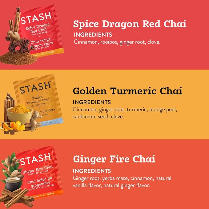 Stash Tea Chai Tea Variety Pack Sampler Assortment - Caffeinated, Non-GMO Project Verified Premium Tea with No Artificial Ingredients, 18-20 Count (Pack of 6)