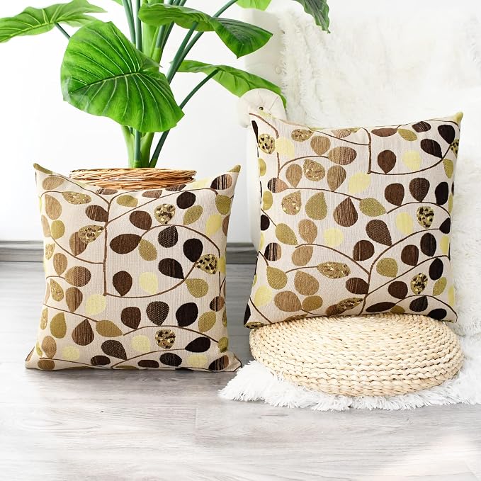 CaliTime Decorative Throw Pillow Covers 18 X 18 Inches Ecru Brown | Luxury Chenille Cute Leaves Cushion Case Shell for Couch Sofa Bed Living Room Home