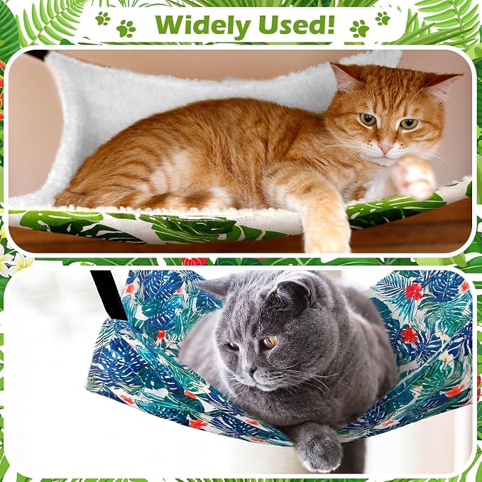 Jetec 2 Pack Cat Hammock for Cage, Monstera Leaf, M | Catio Accessories, Reversible Soft Cats Bed, Adjustable Straps and Hooks, Double-sided Linen, Fleece Hanging Hammock for Cats