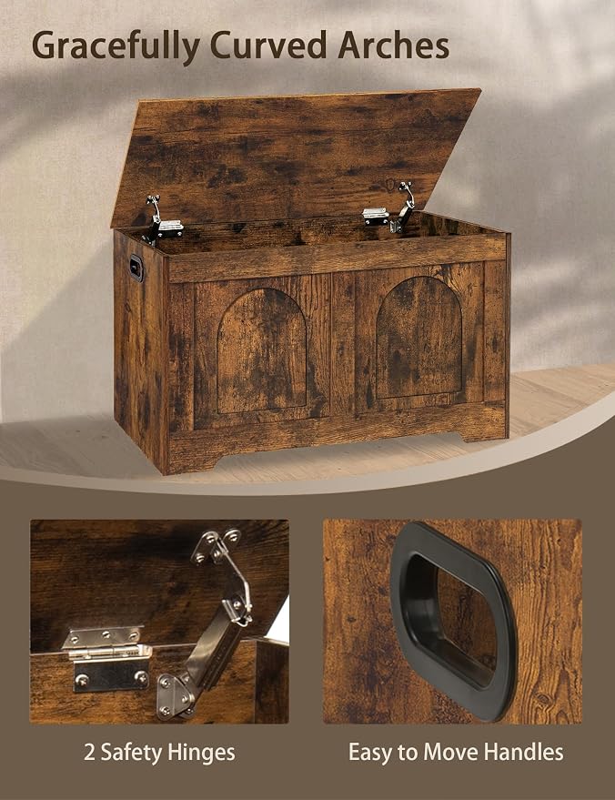 Storage Chest, Wooden Toy Box, Rustic Brown 31.5" L | Entryway Shoe Bench, 2 Soft-close Hinges, Finger-safe Flip-Top Lid, Easy Assembly, Farmhouse Large Trunk, Living Room/Bedroom