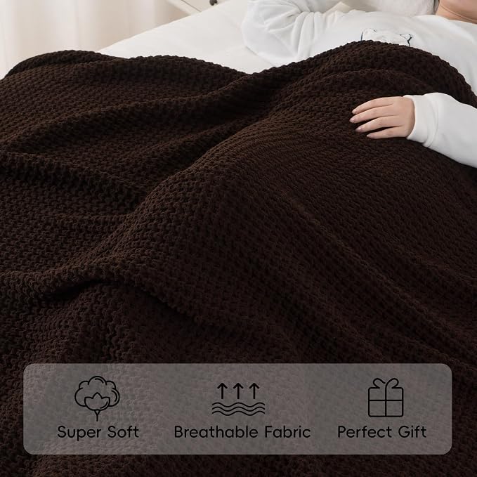 Brown Throw Blanket for Couch, Soft Chenille Knit Throw Blanket 50x60in | Chunky Waffle Knitted Blanket, Chocolate Brown Cable Knit Throw for Bed Sofa Living Room, Lightweight Warm Decorative Blanket