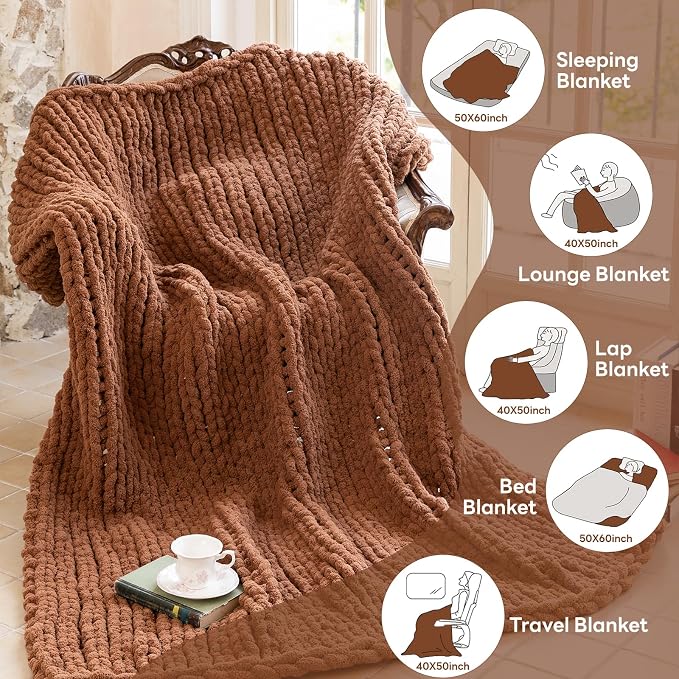 Chunky Knit Blanket - Luxury Soft Cozy 40 * 50 Throw Blanket,100% Woven Blanket Rope Knot Throw Blanket for Couch, Sofa, Home Decor, Gift - Machine Washable (Reddish-Brown, 40 * 50)