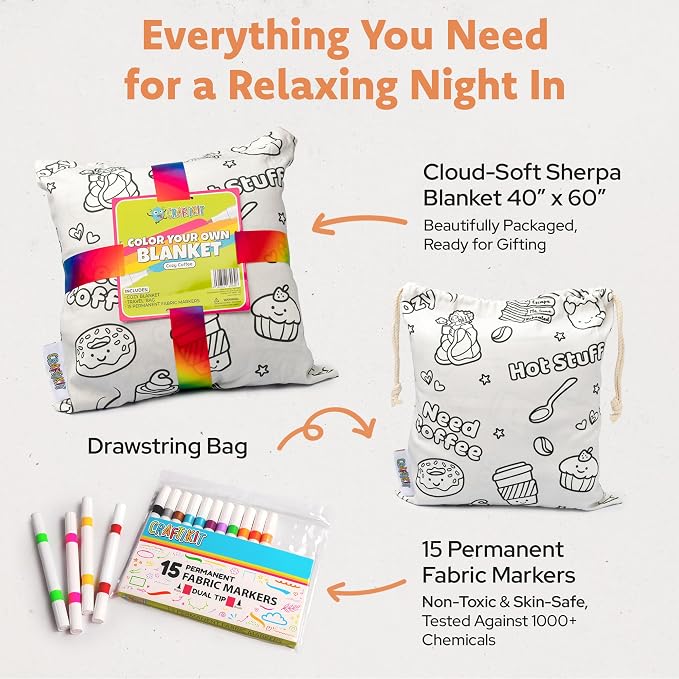 Craftikit Coffee Coloring in Blanket for Adults - Sherpa Throw -15 Markers | 40" x 60", Fabric Markers Included, Permanent Vibrant Fleece Design, Ages 3+, Machine Washable, Gift Wrapped