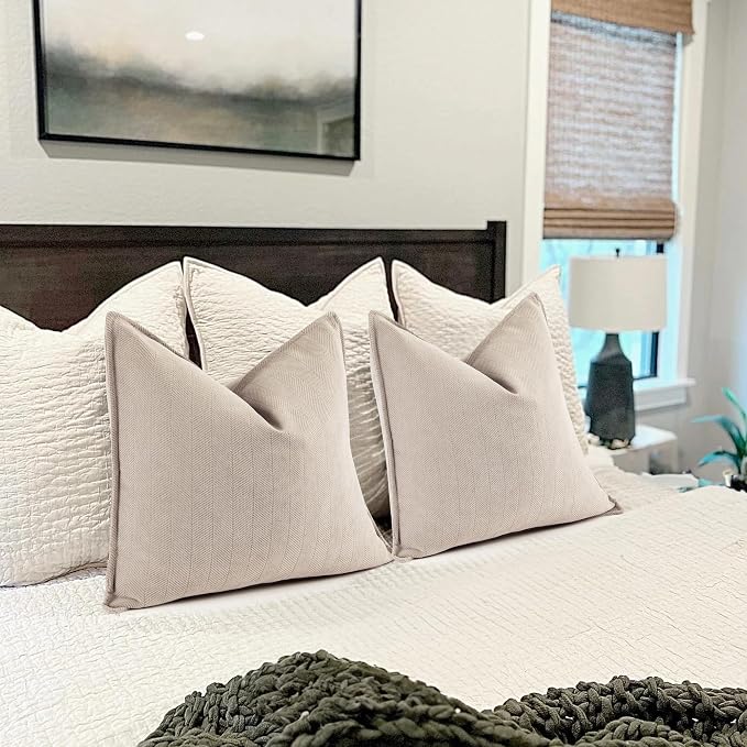 Beige Pillow Covers 24x24 Set of 2 Chenille Throw Pillow Covers with Elegant Design Soft and Luxurious Decorative Throw Pillows for Couch, Bed, and Home Decor
