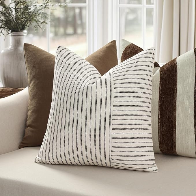 YCOLL Farmhouse Pillow Covers 16x16, Modern Accent Square Throw Pillow Covers Set of 2, Black and Beige Striped Patchwork Linen Decorative Pillows Cushion Covers for Couch Chair Bedroom Home Decor
