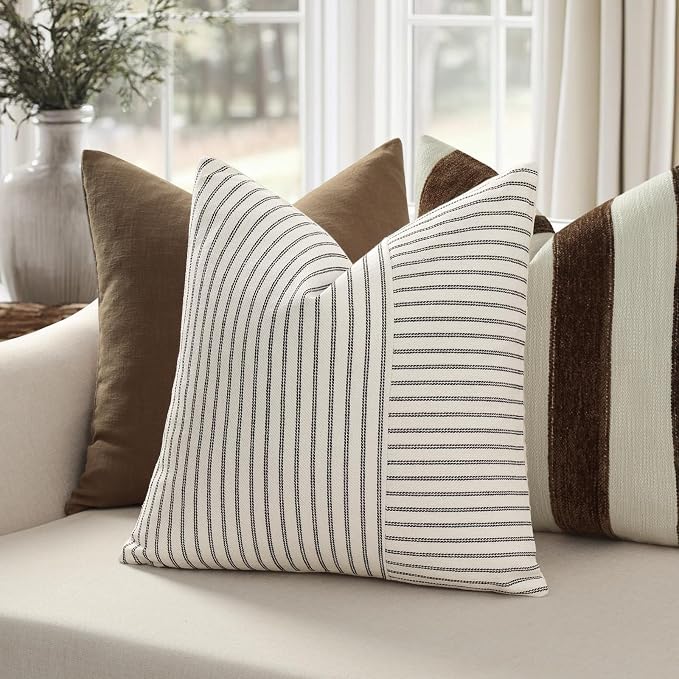 YCOLL Farmhouse Pillow Covers 12x20, Modern Accent Lumbar Throw Pillow Covers Set of 2, Black and Beige Striped Patchwork Linen Decorative Pillows Cushion Covers for Couch Chair Bedroom Home Decor