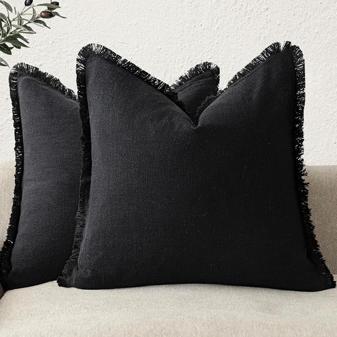 Foindtower Set of 2 Decorative Linen Fringe Throw Pillow Covers Cozy Boho Farmhouse Cushion Cover with Tassels Soft Accent Pillowcase for Couch Sofa Bed Living Room Home Decor, 16×16 Inch, Black