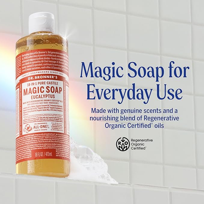 Dr. Bronner's Magic Soap - Pure-Castile Liquid Soap (Eucalyptus, 16 ounce, 2-Pack) -Regenerative Organic Certified Oils, 18-in-1 Uses: Body, Hair, Laundry, Pets & Dishes, Concentrated, Vegan, Non-GMO