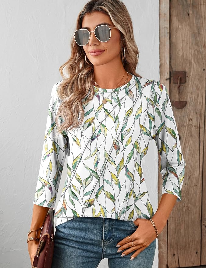 LOMON 3/4 Length Sleeve Womens Tops Spring Summer Fashion 2026 Tops Crew Neck Pleated Shirts Tunic Top Loose Fit