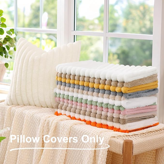 decorUhome Fall Faux Fur Throw Pillow Covers 12x20 Set of 2 Red | Decorative Soft Cozy Striped Plush Modern Farmhouse Boho Couch Pillow Cases Velvet Back for Sofa Bed Living Room Home Decor