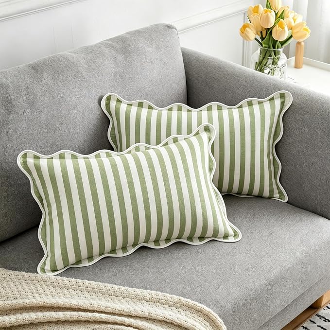 Scalloped Throw Pillow Covers | Decorative Couch Lumbar Pillows | Cute Stripe Pillow Cases | Boho Sytle for Living Room (Green & White, 12x20 Inch)