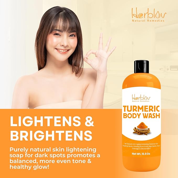 Turmeric Body Wash – Skin Brightening Liquid Soap for Discoloration – Natural Anti Aging Exfoliating Turmeric Body Wash for Spots, Acne, Sun Damage – Bath Soap Skincare