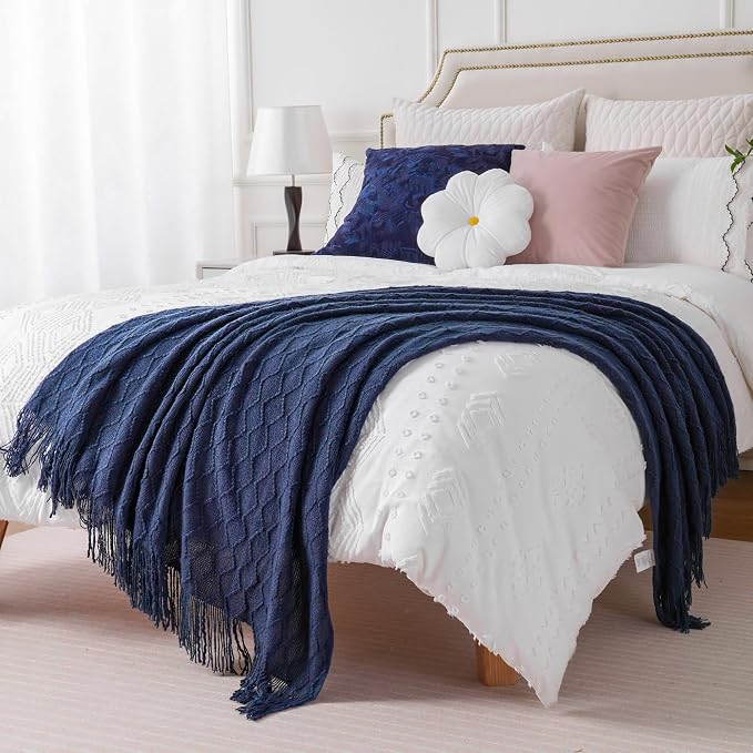 BATTILO HOME Navy Throw Blankets for Couch, Navy Blue Lightweight Decorative Blankets and Throws, Boho Warm Knit Blanket for Men and Women, 50"x60"