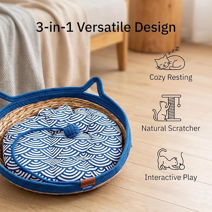 VIVIKIT Natural Cattail Cat Bed for Indoor Cats, 18.1" x 4.7"（Blue） | Natural cattail, cotton trim, all season, scratch-proof, teaser ball, removable washable pad, for cats & dogs up to 22 lbs