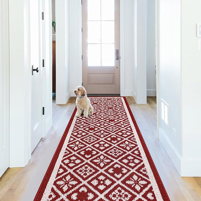 Ileading Christmas Hallway Runner Rug 2x6ft, Durable Xmas Welcome Indoor Doormat Mat Non Slip Kitchen Floor Mats with Rubber Backing, Machine Washable Red Winter Holiday Decor Entryway Carpet