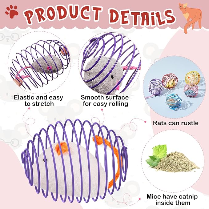 Jecery 5 Pcs Cat Toys Spring,Catnip Rats,Soft Color