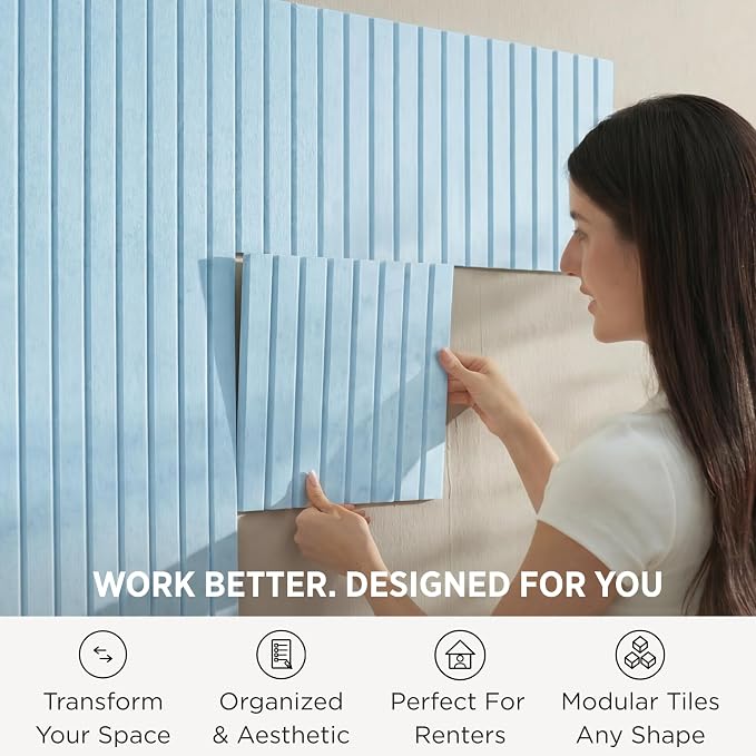 Felt Bulletin Board Tiles 48"x36" - 12-Pack Cork Board Alternative, OEKO-TEX Certified, NRC 0.95 Acoustic Wall Panels, Damage-Free Adhesive, Slatted Design, Home Office & Classroom (Baby Blue)