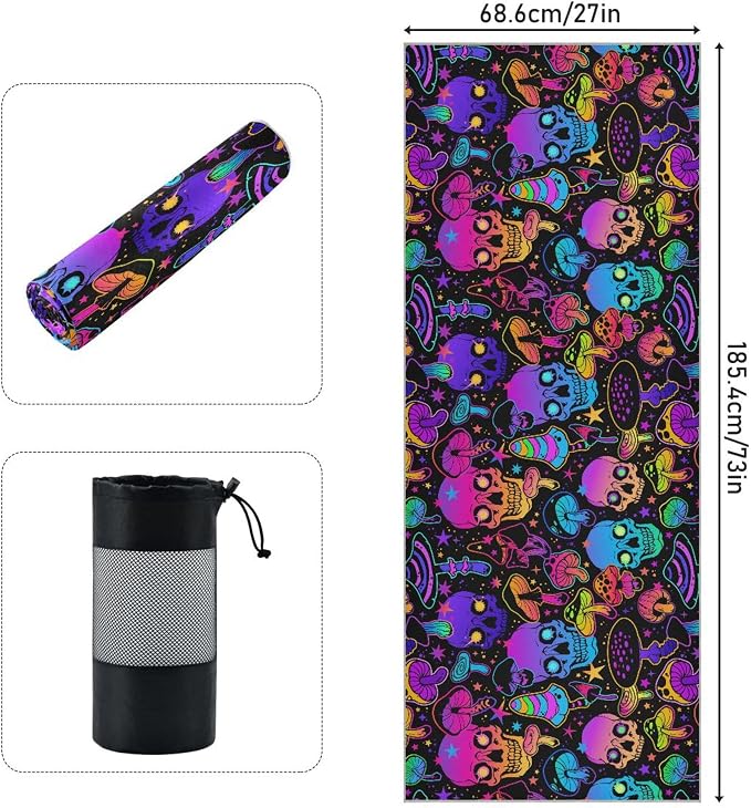 Colorful Skull Mushroom Yoga Towel, Non-Slip Hot Yoga Mat Towel Sweat Absorbent for Pilates and Workout 73 x 27 in