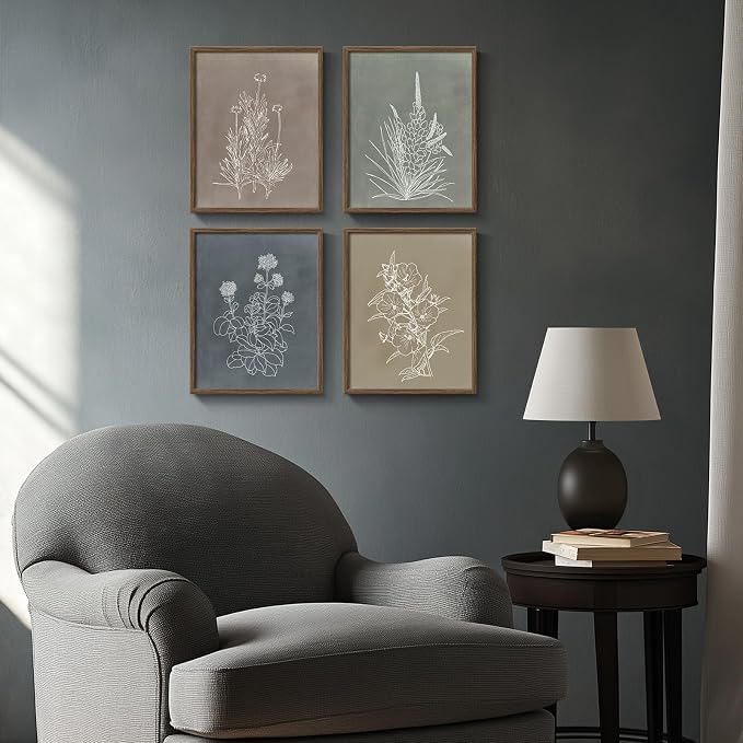 Framed Boho Botanical Wall Art for Bathroom, 4 Piece Rustic Floral Canvas Painting Prints Artwork, Vintage Neutral Flower Pictures for Farmhouse Bedroom Dining Room Kitchen Office Wall Decor, 8x10 In