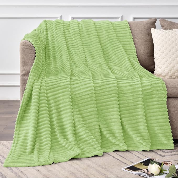 BEDELITE Ribbed Jacquard Green Fleece Twin Blanket for Bed, 60x80 Inch | Soft Warm Decorative Fluffy Blanket, Cozy Plush Lightweight Fuzzy Throw Blanket for Couch Sofa Room Decor, Gift for Women